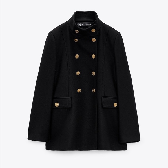 NWT. Zara Black Wool Blend Coat with Golden Buttons. Size XS. - Picture 1 of 11